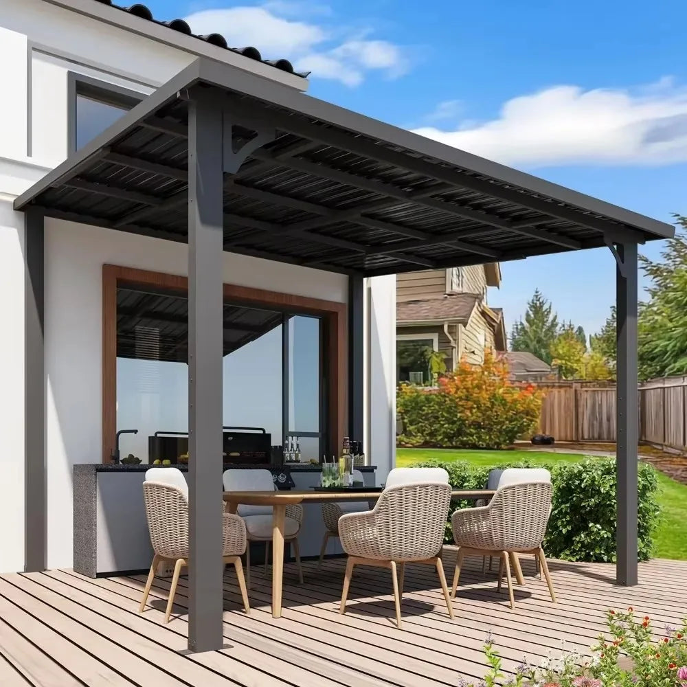 Heavy Duty Lean to Metal Pergolas and Gazebos Clearance, Wall-Mounted Grill Gazebo, 10' x 10' Hardtop Gazebo Outdoor Pergola