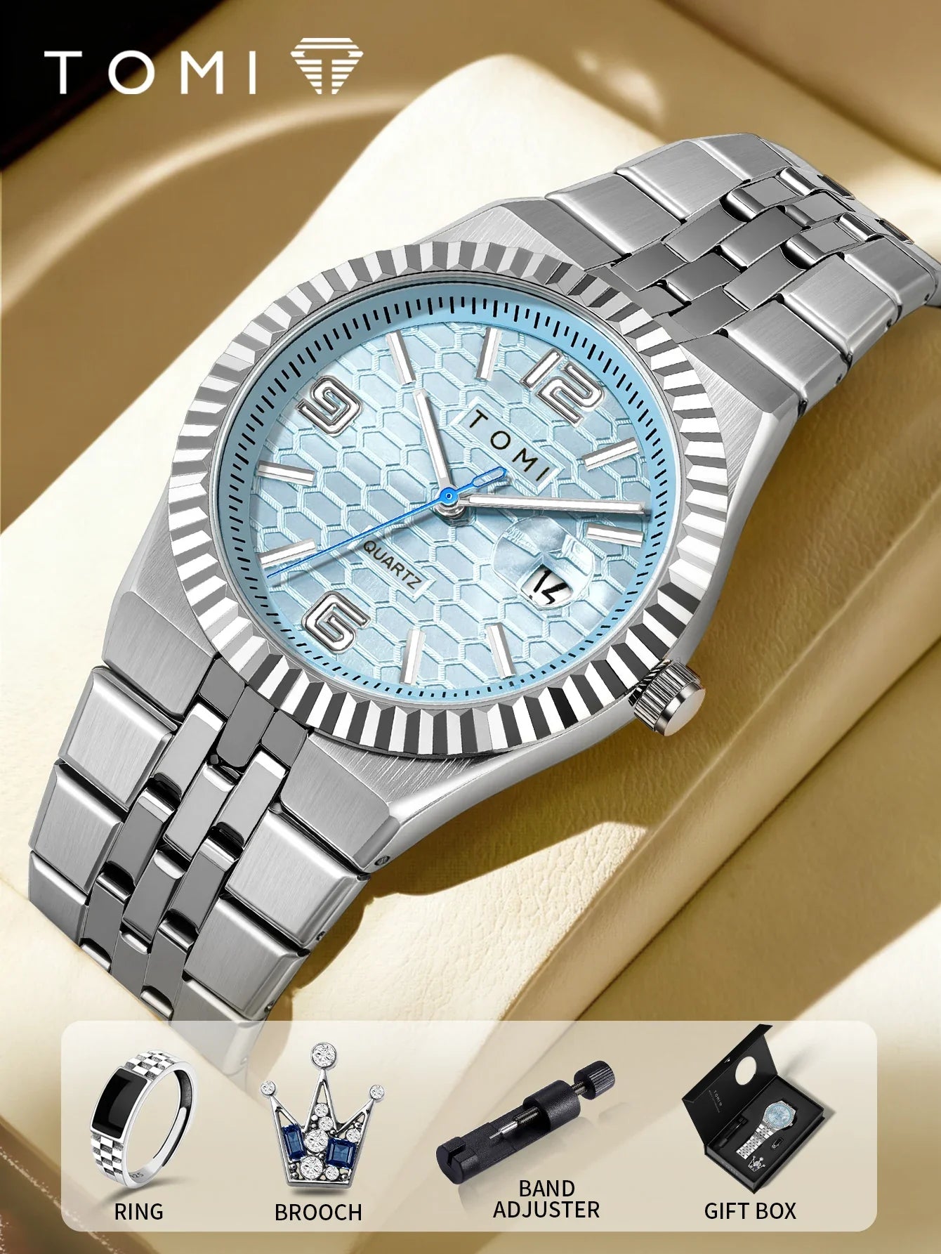 Luxury Men's Watch Steel Band, Calendar, Multi-function Quartz Watch, Ring, Cufflink Gift Box Set.