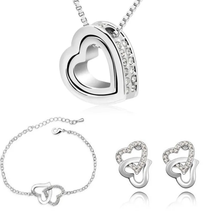Double Heart pendant necklace earrings bracelets fashion Jewelry sets charm lover quality AAAA+ rhinestones wedding girl summer