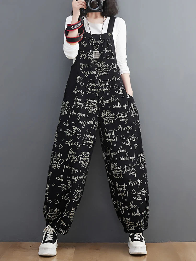 Fall Fashion Trouser Women Letter Print Loose Casual Cargo Cotton Denim Pants Female Simple Vintage Comfortable Lantern Jumpsuit