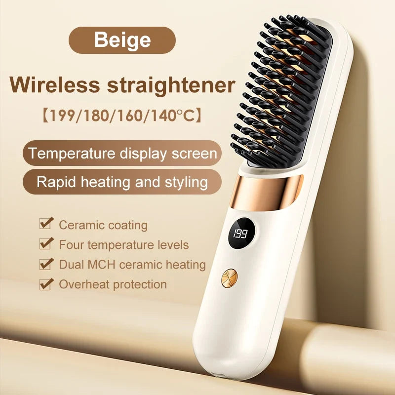 Hair Straightener Brush USB Rechargeable with LCD Display Ceramic Comb for Smooth Hair Styling at Home and Travel