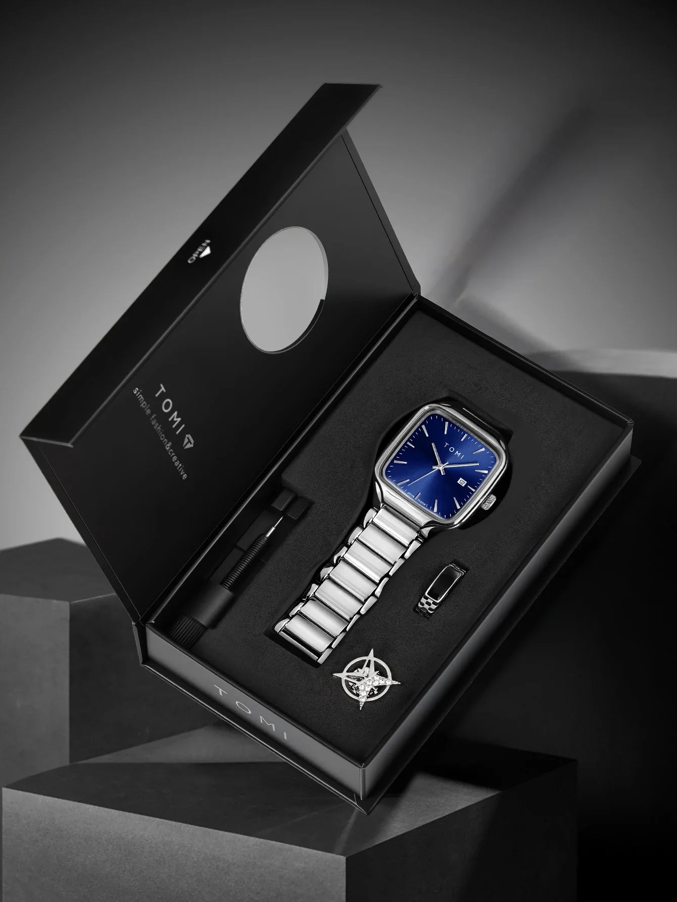 TOMI Men's Quartz Watch New Fashion Box Set Cufflinks Ring Fashion Set Box Watch as a Gift for Men's Gift Box