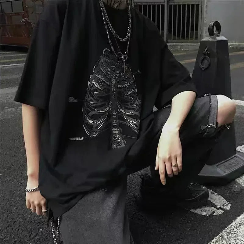 Oversized T-shirt Men 2023 Summer T-shirts Dark High Street Gothic Print Skull Cotton Short Sleeve Tee Harajuku T Shirt for Men