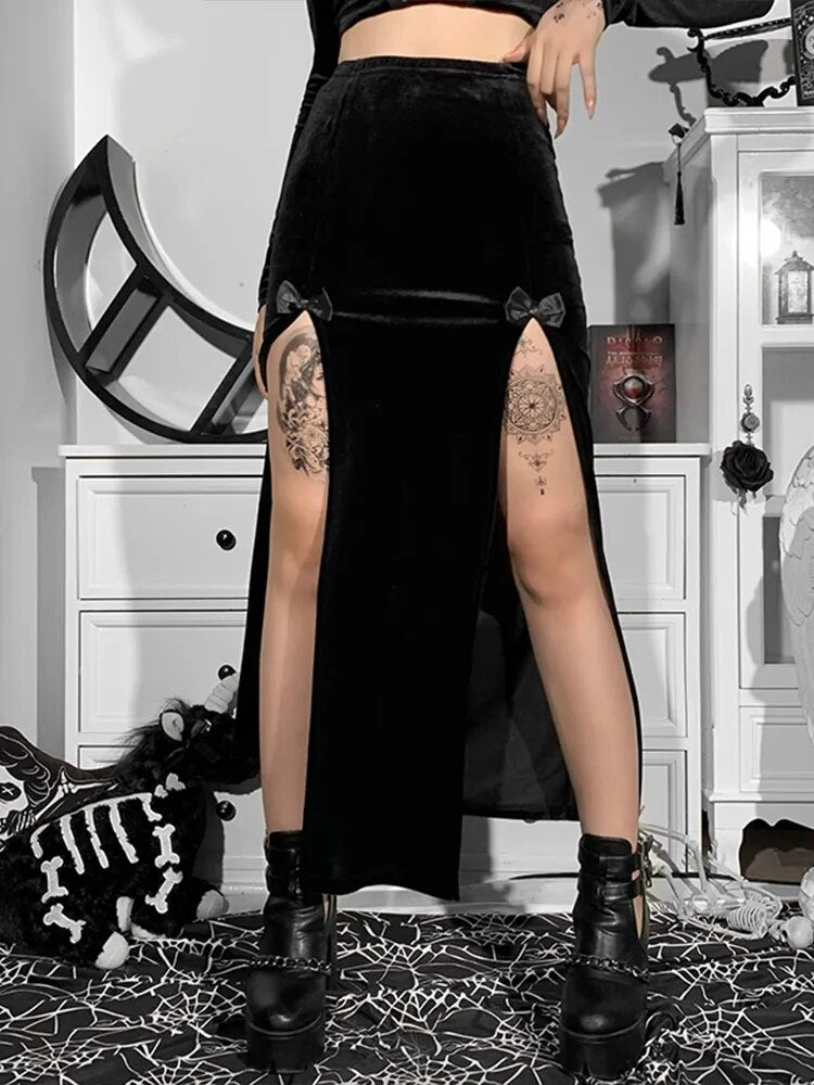 Goth Vintage Black Velvet Split Skirts Aesthetic Sexy High Waist Bow Bodycon Long Skirt Elegant E Punk Partywear Clothes