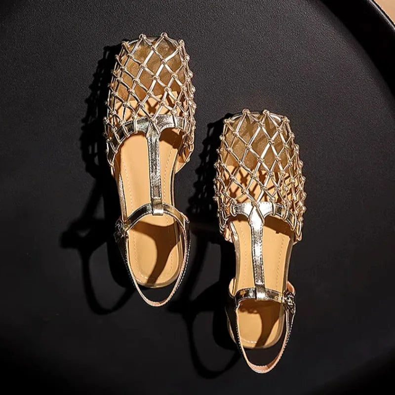 Women Weave Mesh Sandals Square Toe Low Heels Mules Shoes Open Toe Woman Summer 2025 Trend Dress Chunky Designer Pumps Mujer