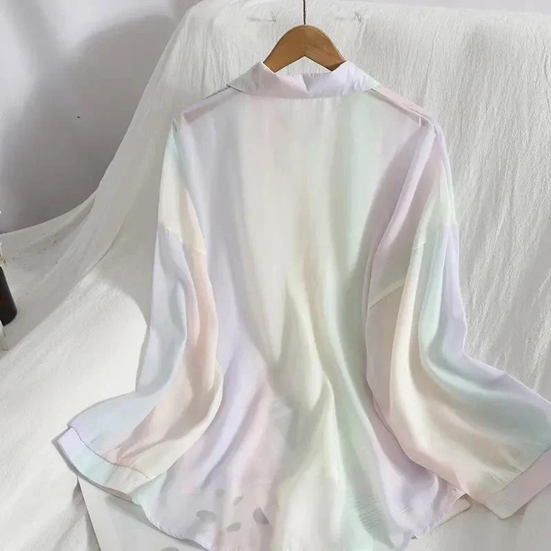 Women Chic Chiffon Rainbow Sun Protection Blouse Summer Loose See Through Thin Shirts Female Casual Long Sleeve Female Tops New