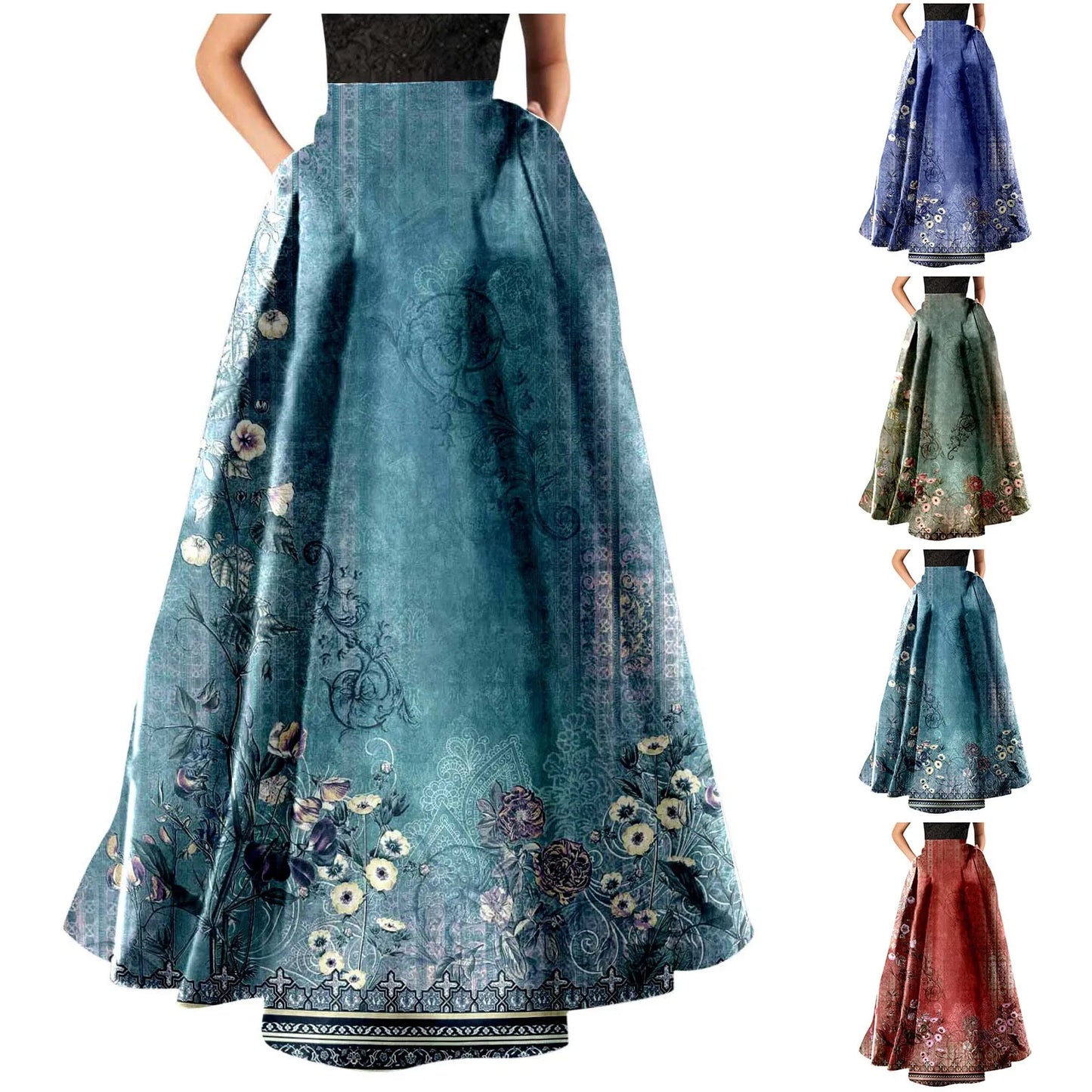 Vintage Floral Print Maxi Skirt High Waist Party Beach Long Skirts Spring Summer Casual Pocket Skirt For Women Elegant Vestidos