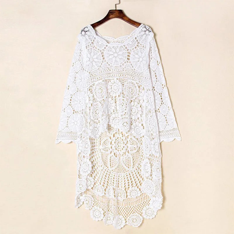 Knitted Beach Bikini Swimsuit Smock Dress Bikini Cover Up Pullover Boho Crochet Blouse Tops Women Tunic Robe Holiday Travel Wear