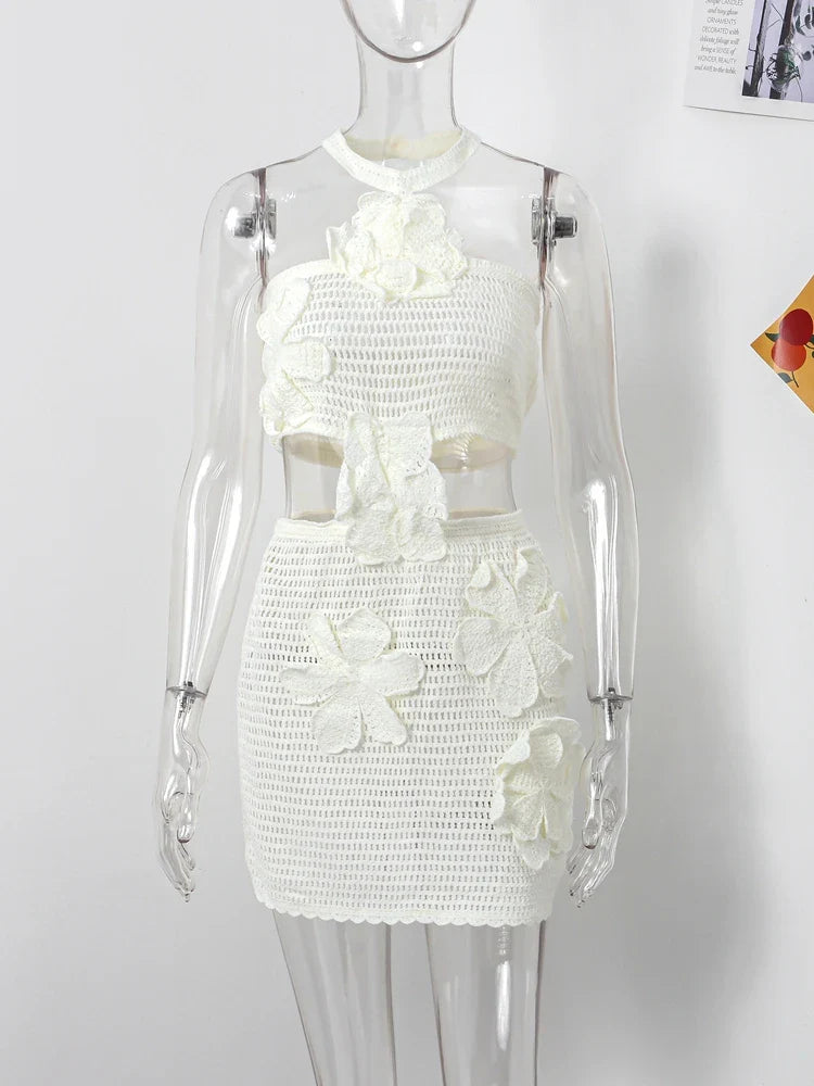 Chic 3D Floral Knitted Halter Beach Dress Women's Sexy Hollow Out Sleeveless Backless Mini Dress 2024 New Holiday Lady Vestidos