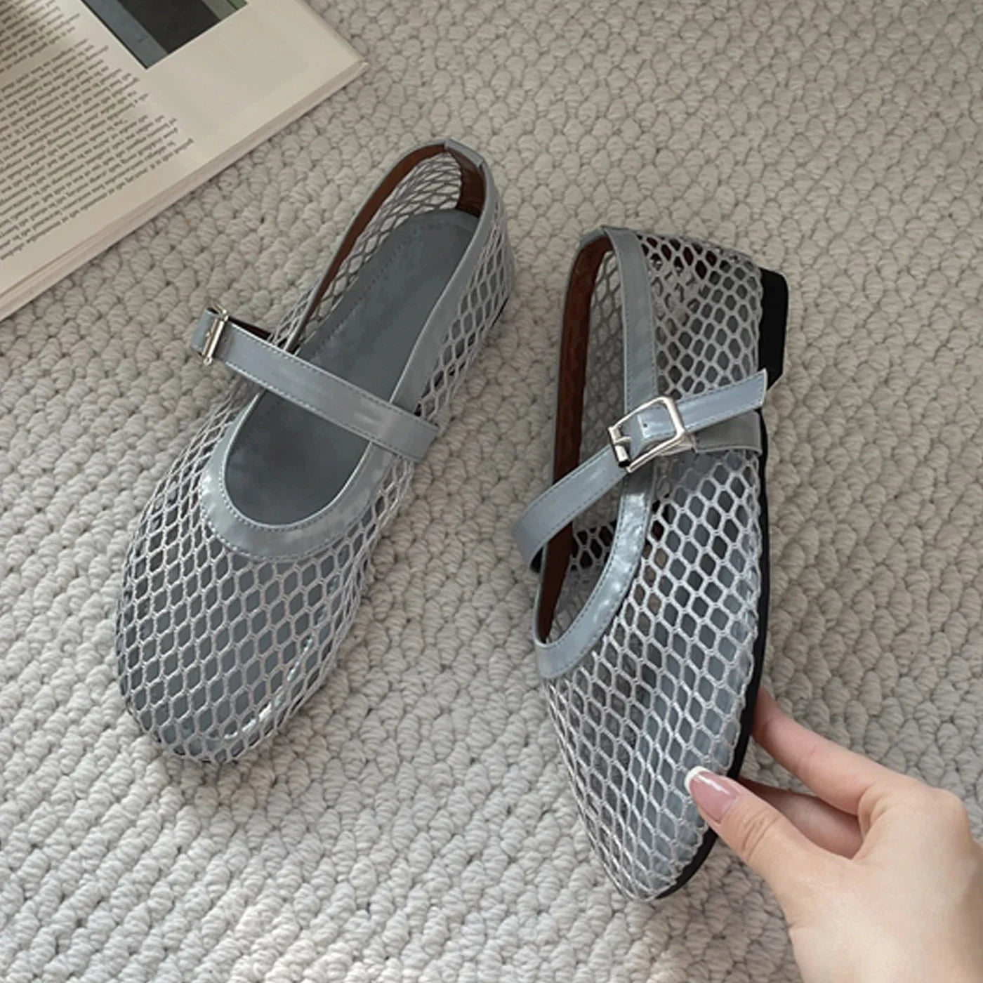 Aneikeh Summer Fishing Net Flat Bottom Sandals Hollow Design Fashio Low Cut Shallow Comfortable Beach Roman Women Shoes