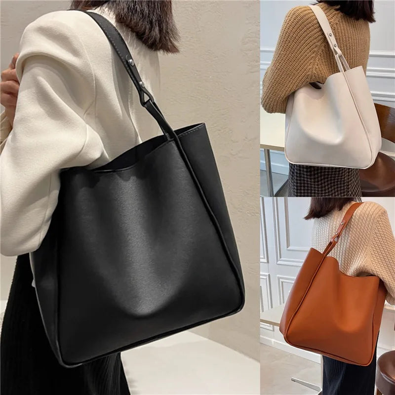Simple Women Bucket Shoulder Bags New Solid Color Handbags Retro Large Capacity Tote Bags Large Capacity Pu Leather Bags 2024