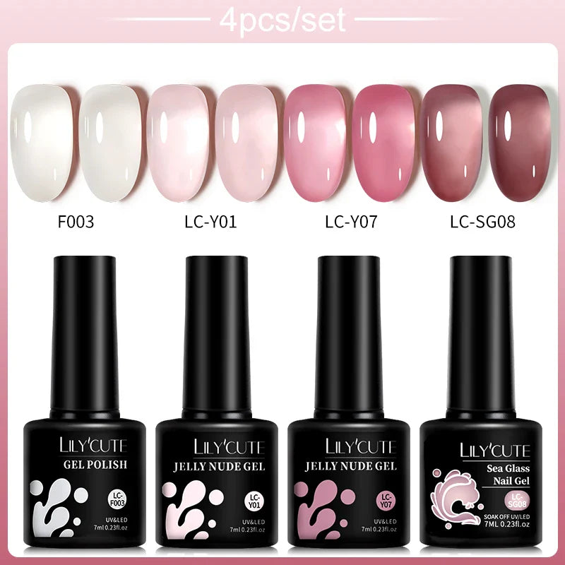 LILYCUTE 4/5Pcs/Set 7ML Nude Pink Gel Nail Polish, and Translucent Jelly Nail Art Gel, Semi Permanent Design Manicure Set.
