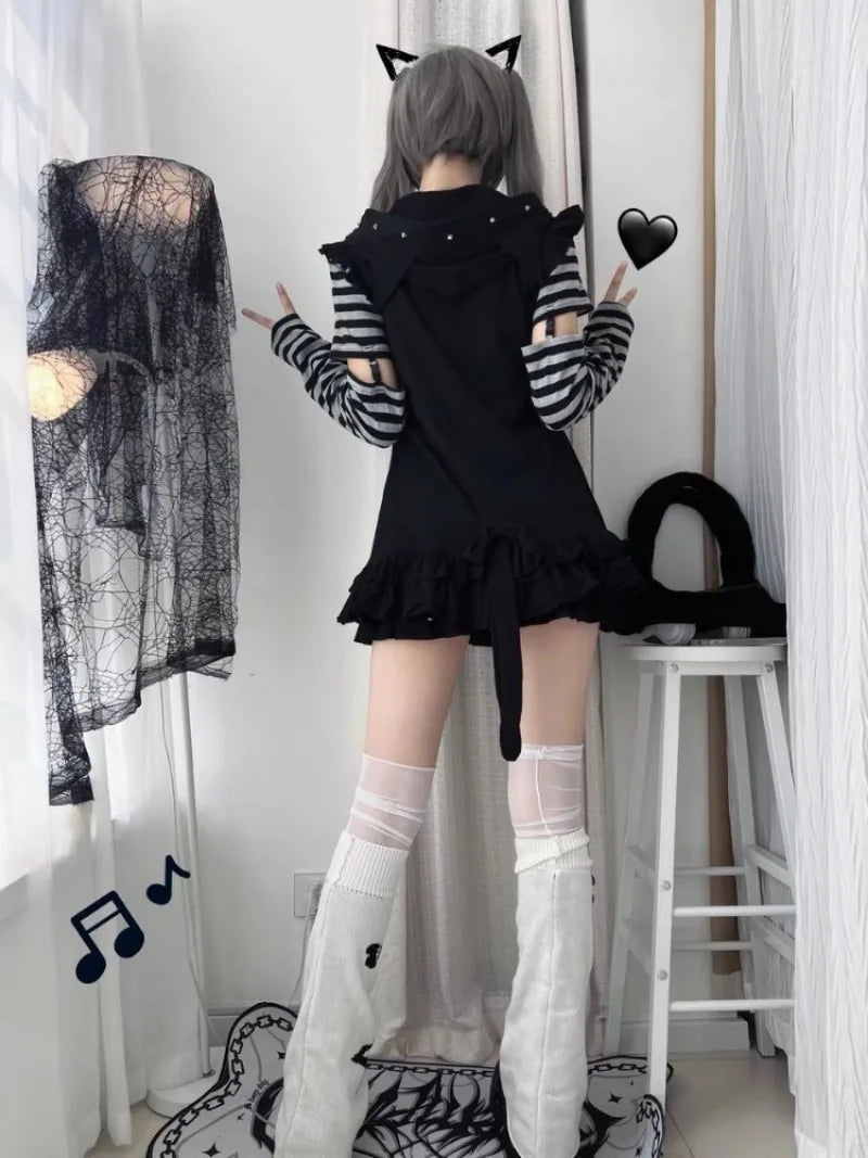 Vintage Striped Patchwork Sleeve T-shirt for Women+ Cute Cat Ear Hooded Sleeveless Jackets Early Autumn New Two Piece Sets