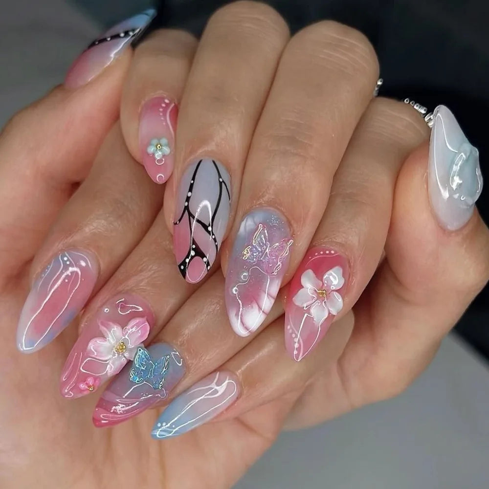 24Pcs Mid-length Almond Press on Fake Nails,3D Ripple Heart ,Pearl Star, Blue Smudge Detachable Full Cover Nails Tips.