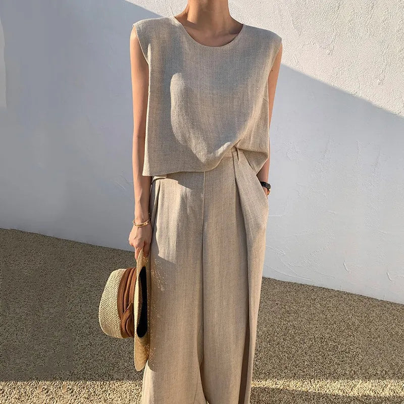 Lady Casual Loose 2 Piece Sets Fashion O-Neck Sleeveless Pullover Tops+wide Leg Pants Two Piece Sets For Women Summer Office New