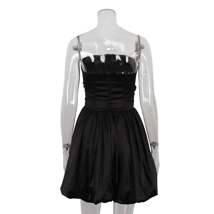 White Pleated Mini Dress For Women Bandeau Slim Patchwork Backless Elegant Fashion Dress Solid Female Party Dress 2024 New