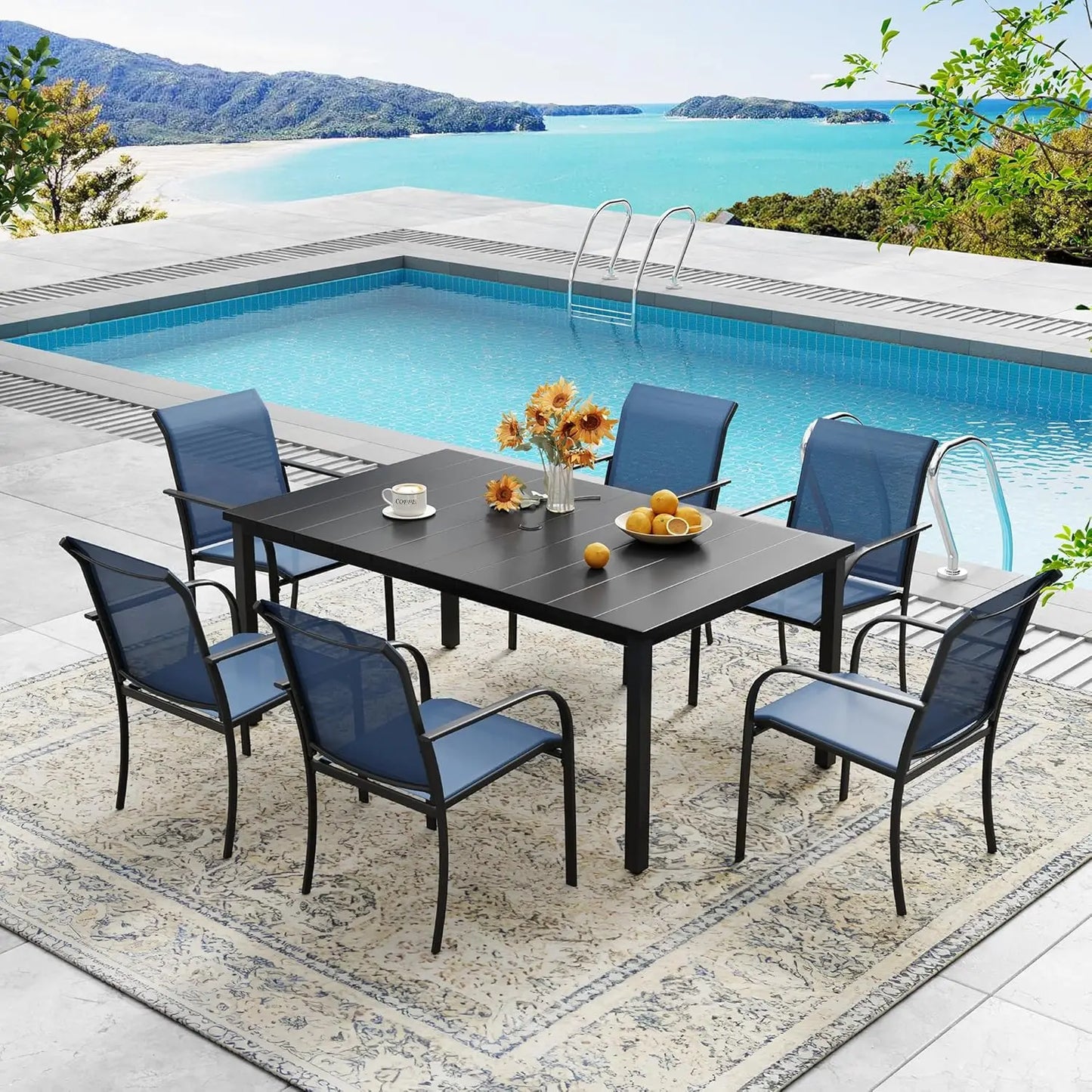 7-piece outdoor patio dining set, sand-shell rectangular metal dining table and 6 sand-shell stackable harness-top dining chairs
