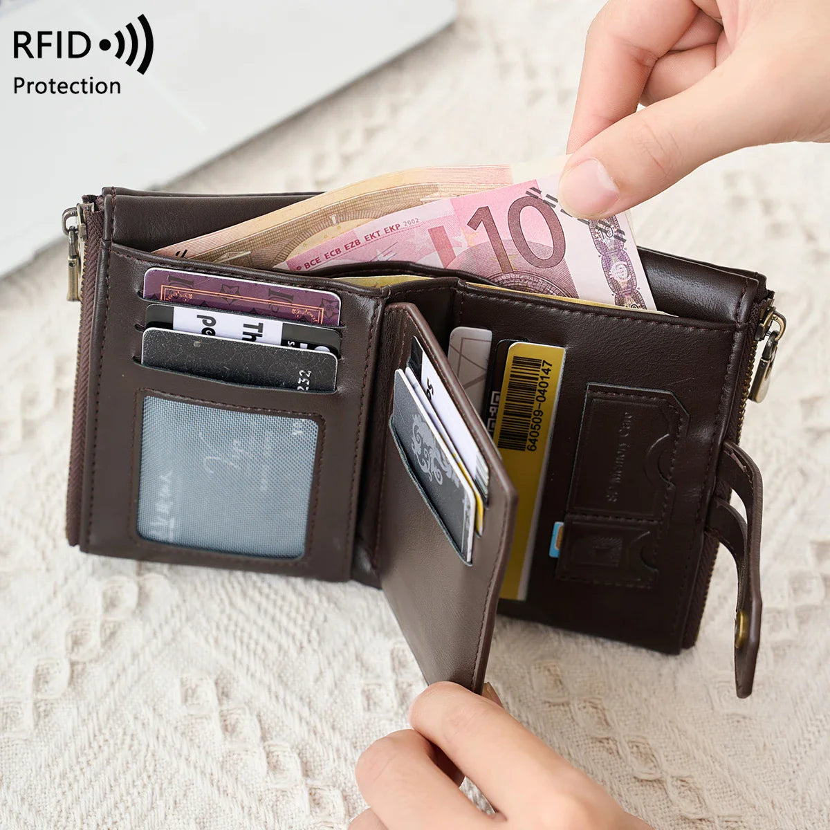 Double Zipper Wallet for Men, Multi-Card, Three-Fold Wallet with Chain.