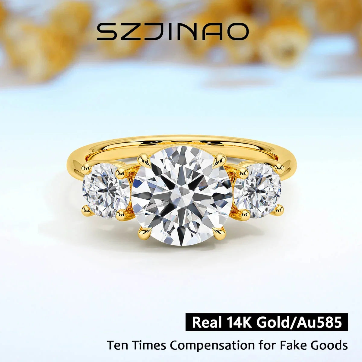 3 Stone D Color Moissanite Diamond Ring 14K Gold Engagement Wedding
