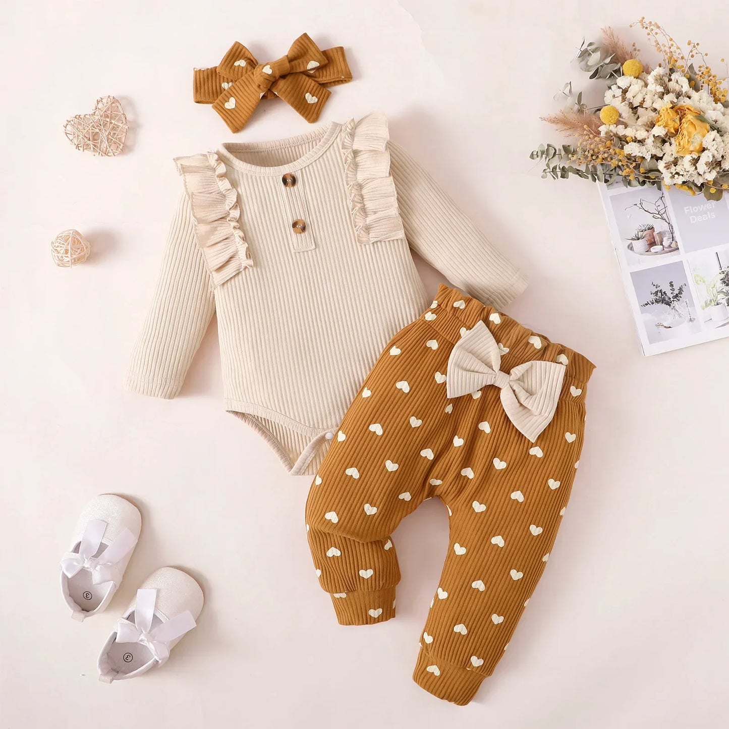 3Pcs Newborn Girl Clothes Ruffle Button Romper + Floral Print Pants Baby Girl Clothes Set Infant Kids Clothing Fall Baby Outfits