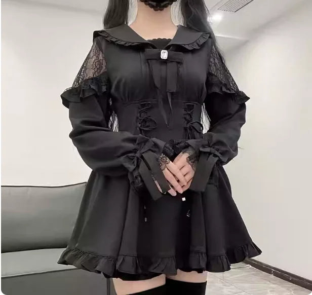 Large Size Spring Autumn Sweet Black Sailor Collar Long Sleeve Japanese Dress Shorts High Waist A-line Bow Age Reduction Sets