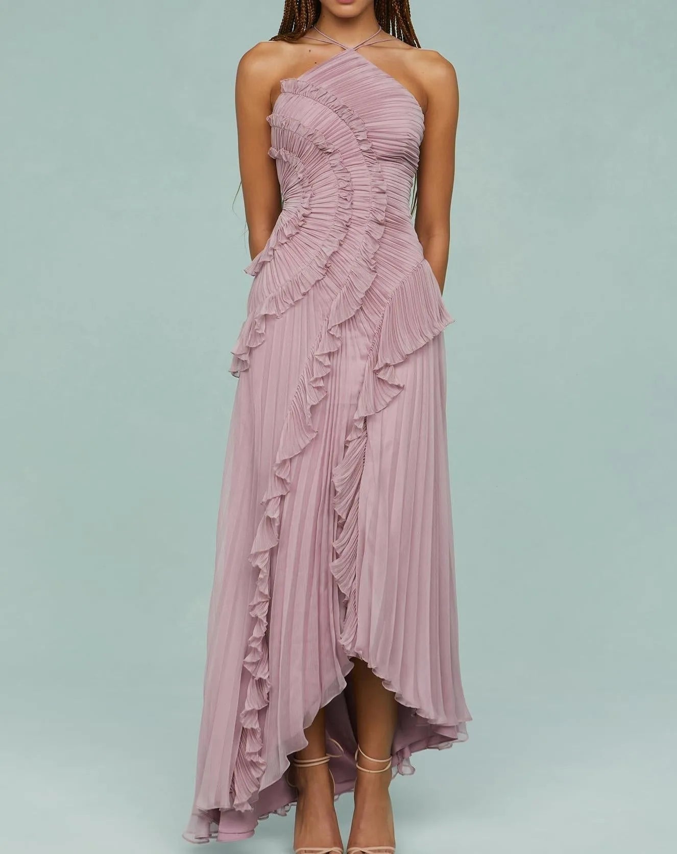 Elegant Women Ruffle Pleated Long Dress , Sleeveless Halter, Tiered Pleated , Maxi Dresses.