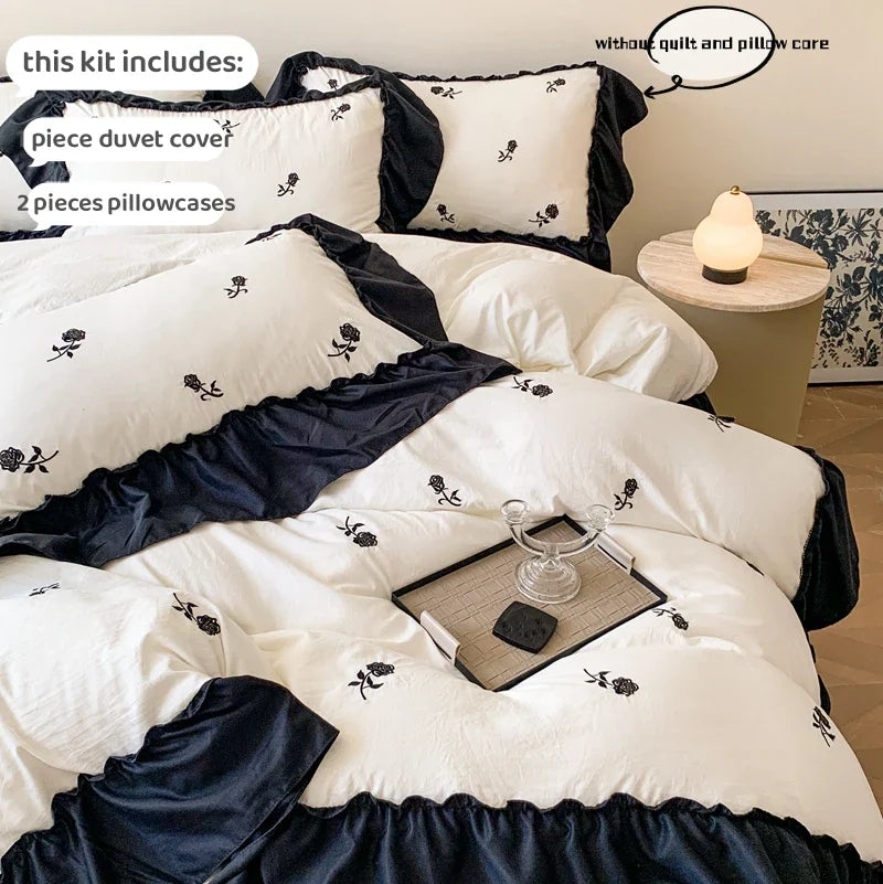 3pcs Rose Embroidered Duvet Cover Set ,(1*Duvet Cover + 2*Pillowcase, Without Core), Princess Style Lace Bedding Set.