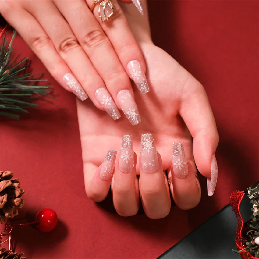 24Pcs/Set American Almond Christmas Wearing False Nails Full Coverage Press on Nails Removable Adhesive Acrylic Fake Nails Tips