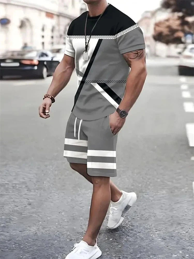 Men short sleeved shirt outdoor breathable, quick drying street fashion casual round neck T-shirt shorts set.