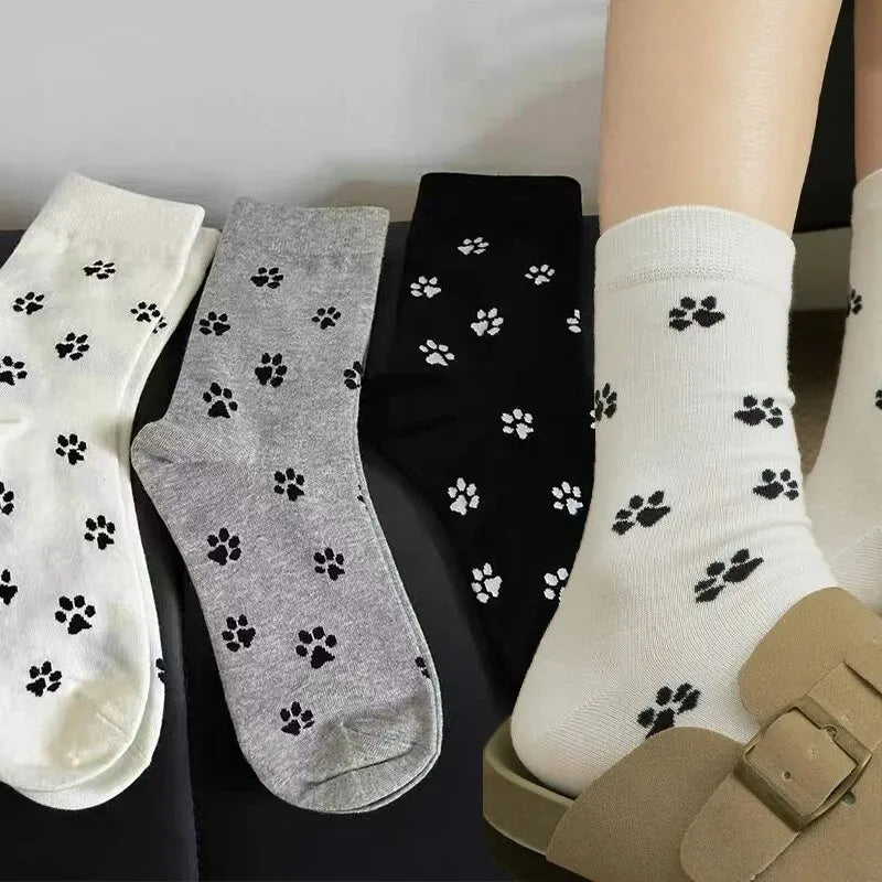 3pairs Cute Dog Claw Printed Women's Cartoon Dog Paw Sock Animal Pattern Soft Sweat Absorbing Breathable Casual Socks for Girls