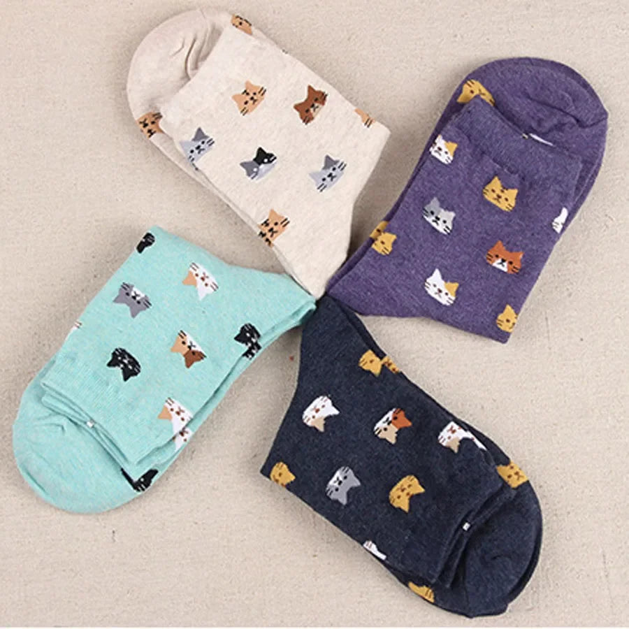 Cute Cartoon Cat Print Women Socks Sweet Cute Japanese Style Kawaii Long Socks Casual Harajuku Streetwear Cotton Soft Crew Socks