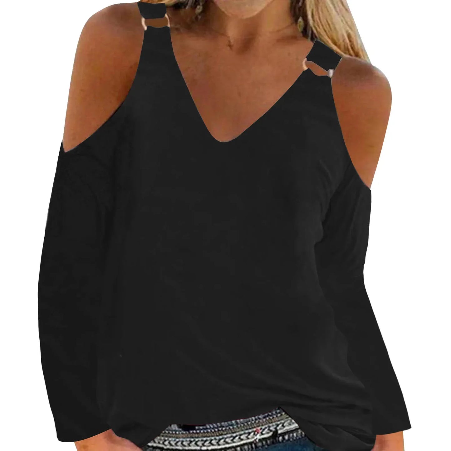 Women's V-Neck Leak Shoulder Long Sleeve Top, Loose Blouses for Women, Casual and Sexy, Youthful Clothes, Monochromatic, New