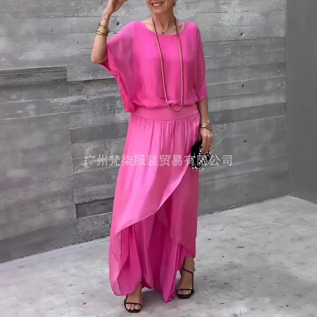 2025 Summer Fashion Women's Solid Color Casual Trendy Loose 2 Piece Chiffon Sets O-neck Short Sleeve T-shirts Wide Leg Trousers