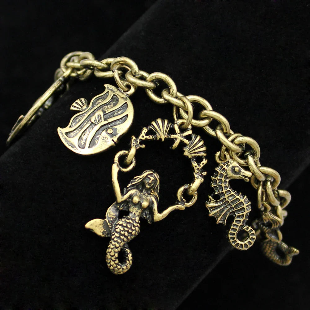 Women's Mythology Fairytale Bracelets Beads Charms Mermaid Seahorse Link Chain Crystal Bangle Armband Aesthetic Jewelry Vintage