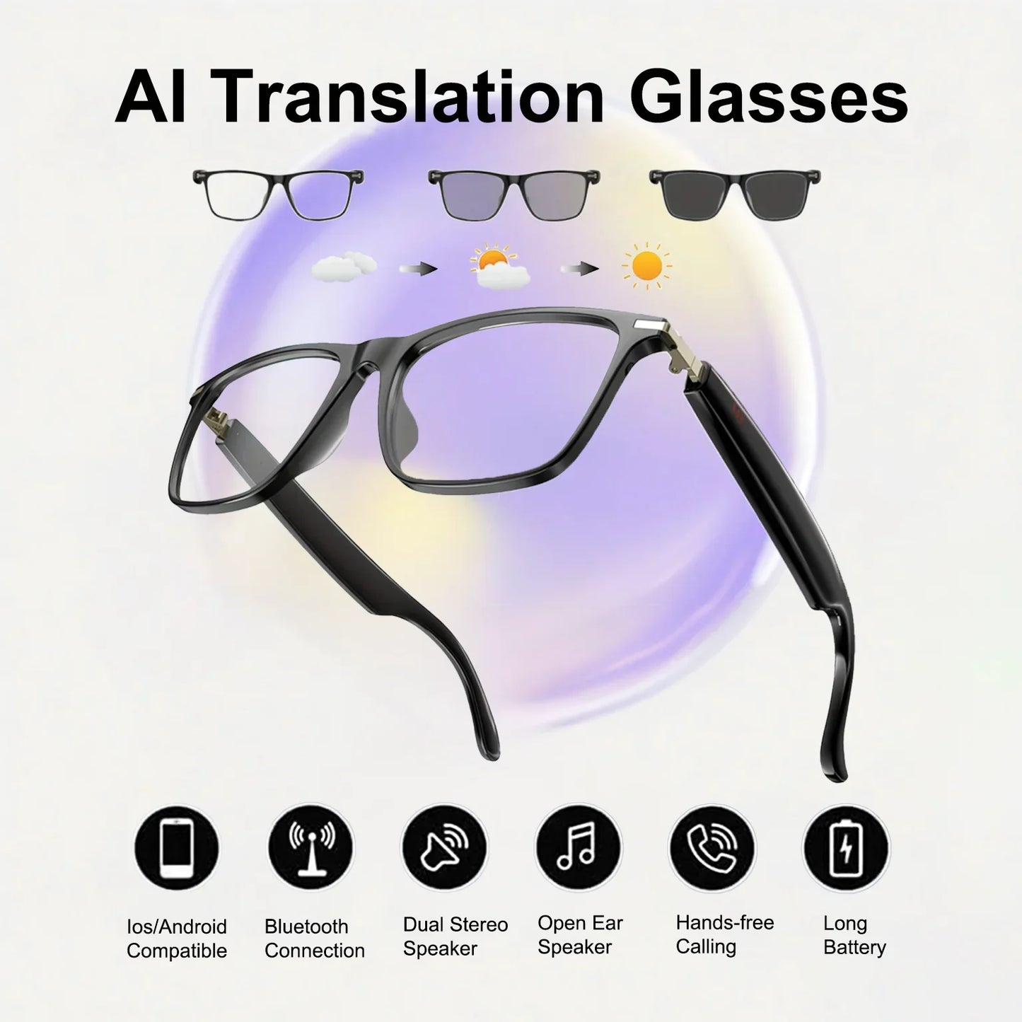 AI Translation Smart Glasses, with photochromic lenses, support 160+ languages real-time translation.