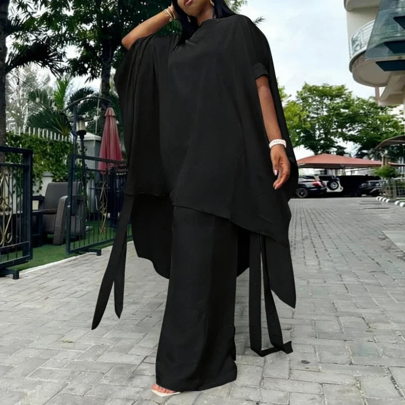 Two Piece Set Women O Neck Short Sleeve Loose Maxi Tops Wide Leg Pants Suit Fashion Elegant Simple Casual Africa Church Outfits