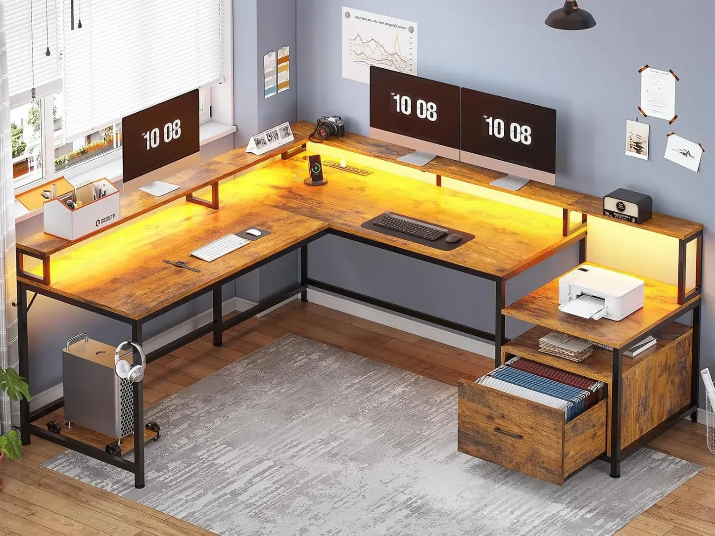L Shaped Gaming Desk  with File Drawer Power Outlet Computer Desk  Led Lights