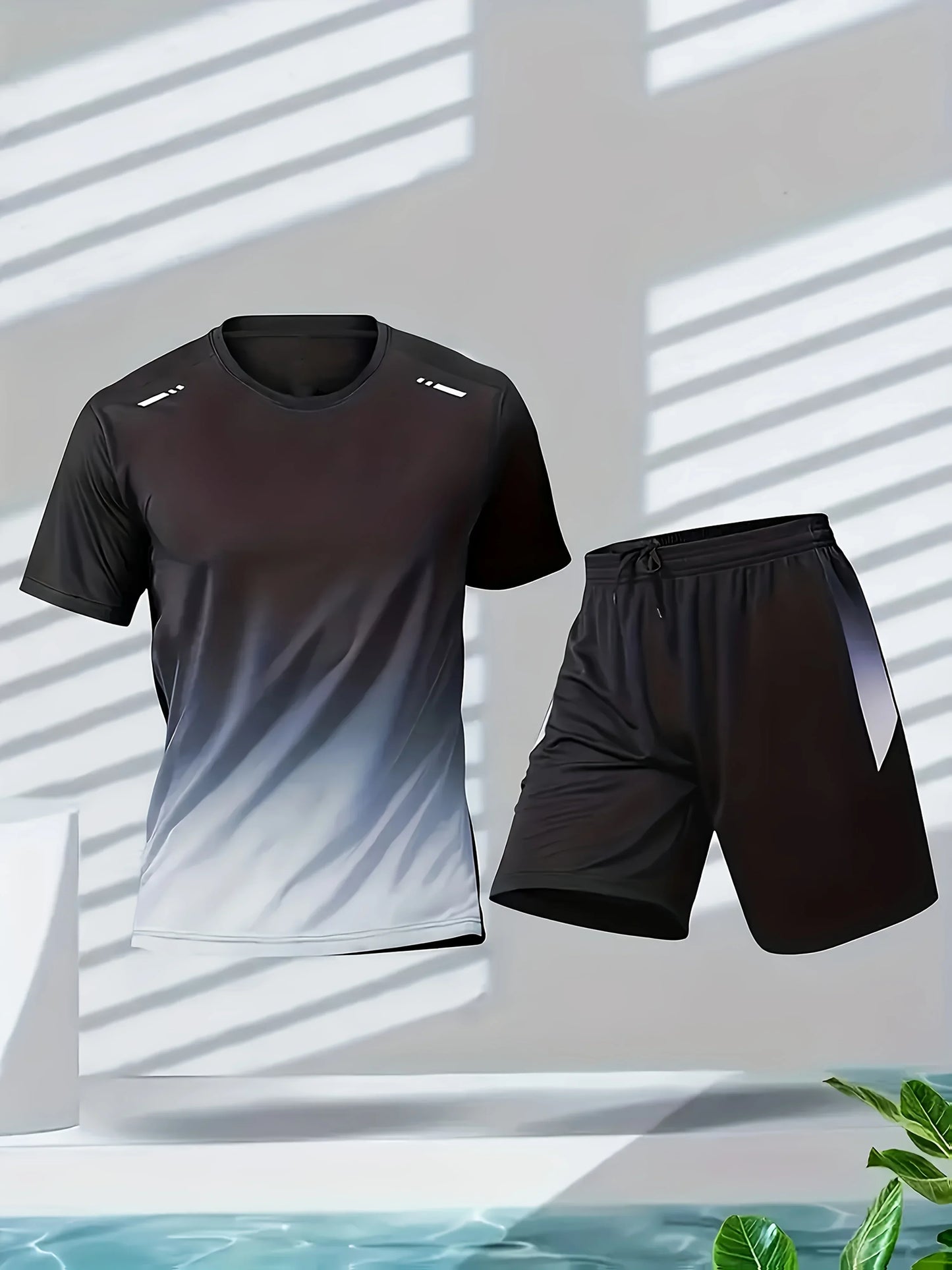 Men's sportswear, ice silk short sleeves and shorts running clothes, men's table tennis and badminton wear gradient T-shirt