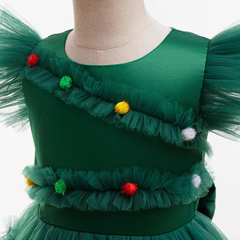 Merry Christmas Girls Cute Christmas Tree Mesh Fashion Princess Dress Party Costumes 2-10 Years Kids Clothes