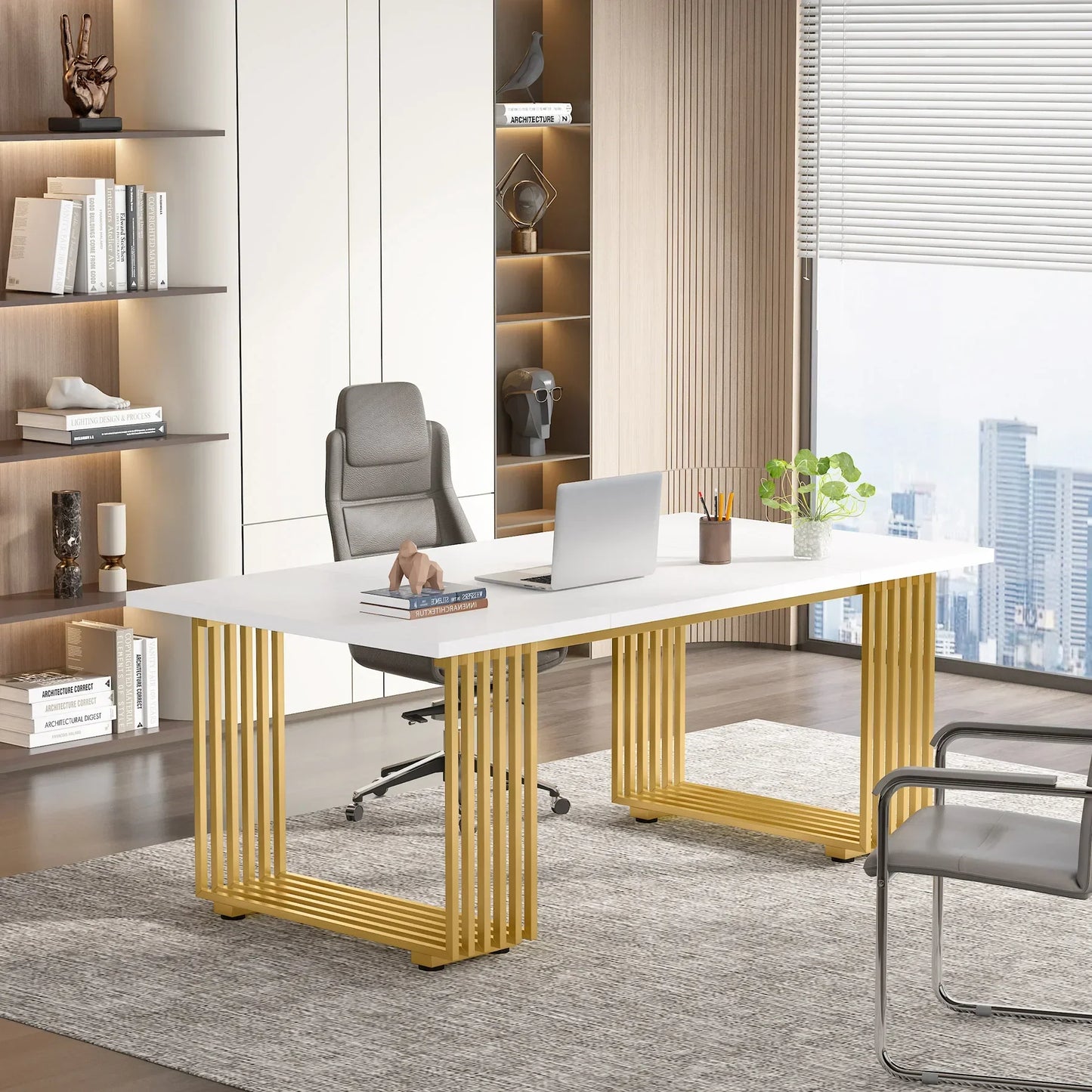 Modern Office Desk, 70.9" Wooden Computer Desk, Executive Desk with Gold Metal Legs, Large Workstation Home Office.