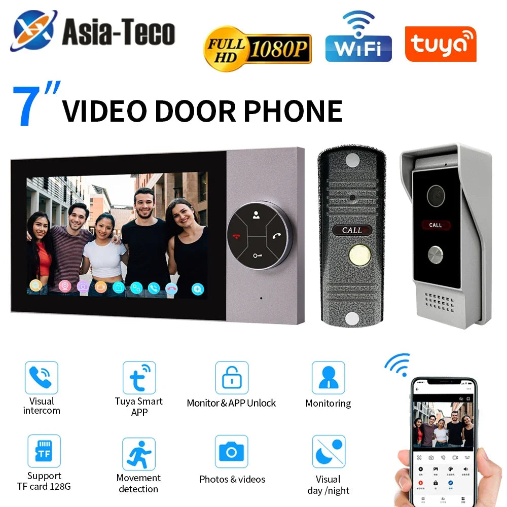 Wifi Wired Smart Home Video Door Intercom System 7" Color Screen Monitor AHD 1080P Doorbell Tuya App Remote Unlock