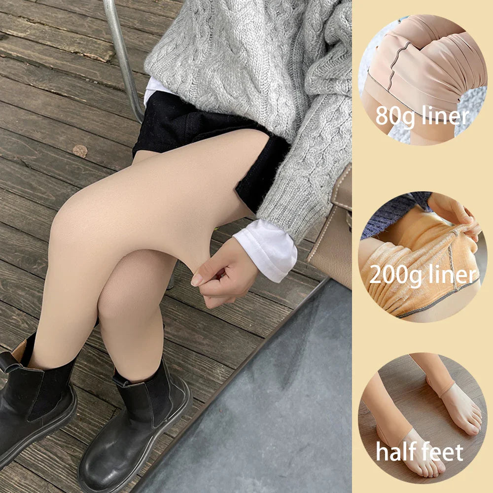 Loozykit Fleece Leggings Women's Insulated Tights Winter Thermal Stockings Sexy High Waist Elastic Pantyhose Skin Effect Socks