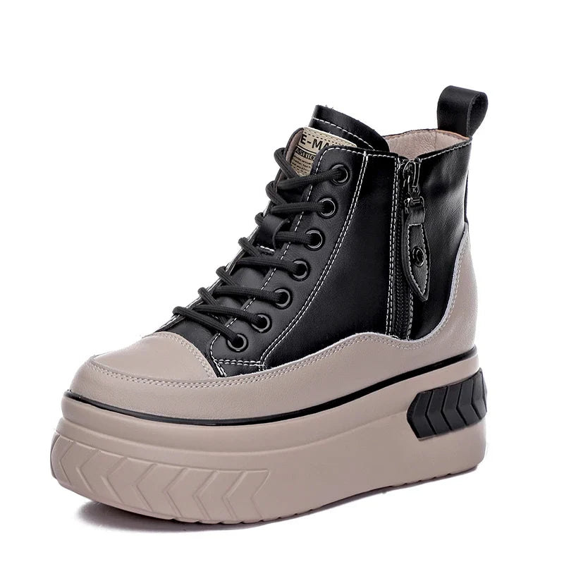 High Top Women Shoes Genuine leather 8cm Platform Boots Wedge Hidden Heel Zip Spring NEW Autumn Warm Fur Winter Shoes Sneakers