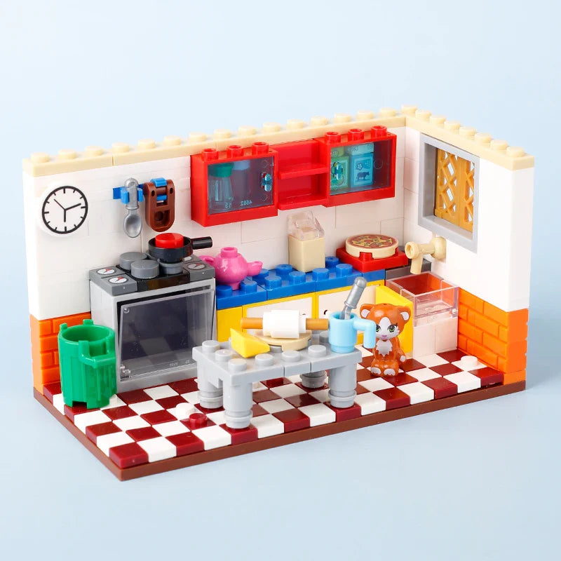 City Creative Coffee Shop Kitchen Dog Car Figures Building Blocks Gas Station Pizza Oven Food MOC Mini Model Bricks Kid Toy Gift