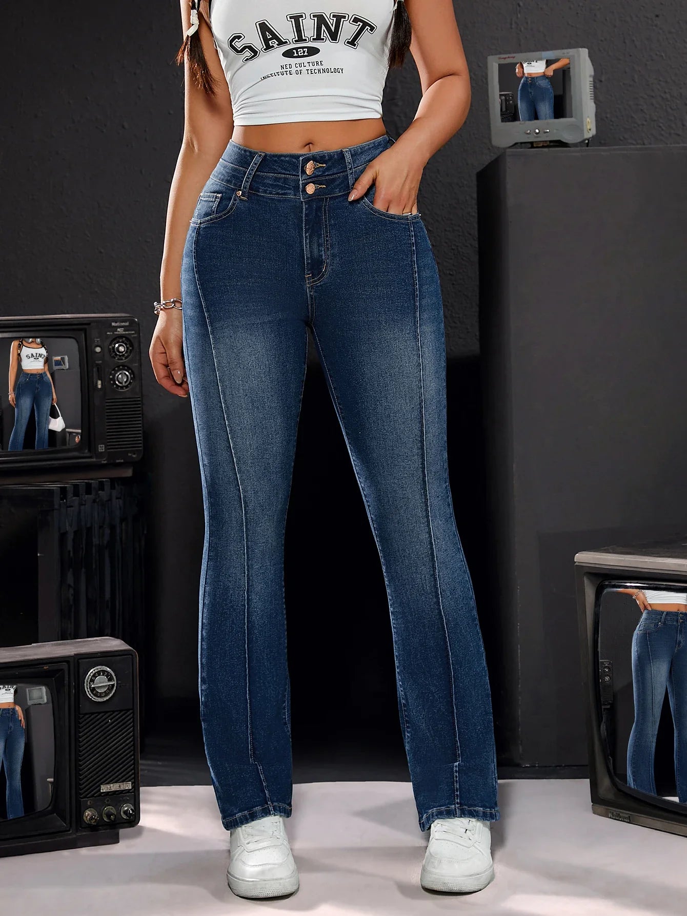 Women's High-Waisted Stretch Denim Trousers Double Button Detail Comfortable Fit Straight Leg Jeans
