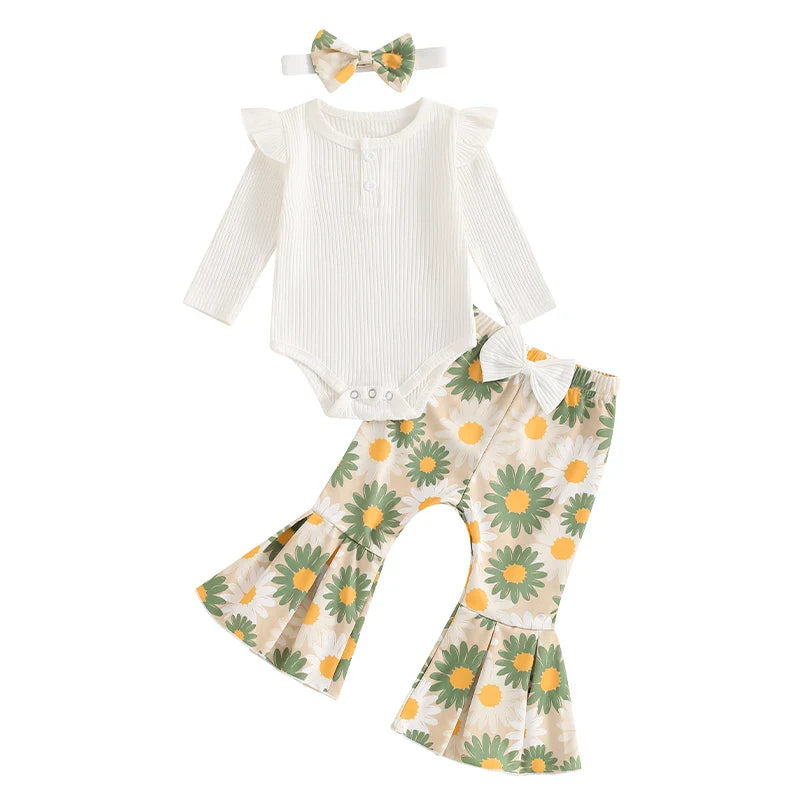 Newborn Baby Girl Clothes Rib Frill Long Sleeve Romper Daisy Flared Pants Headband Set 3pcs Fall Winter Outfits