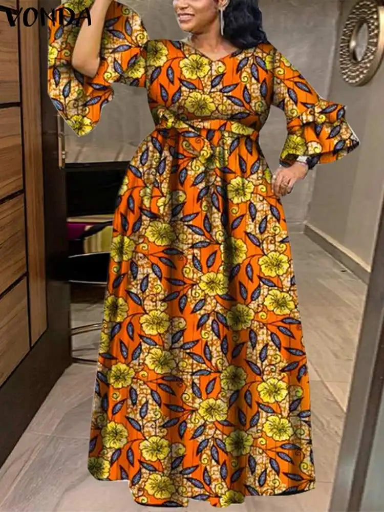 VONDA 2024 Fashion Maxi Dress Women Bohemian Floral Printed Dresses Sexy V-Neck Long Sleeve Ruffled Vestidos Casual Loose Robe