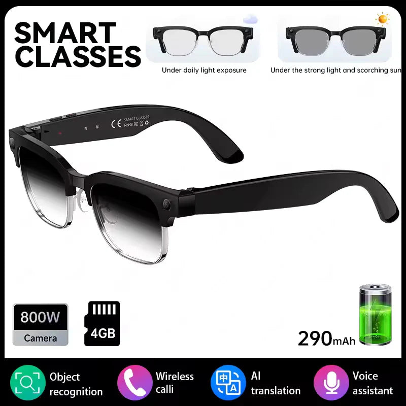 AI Smart Glasses 8 Million Pixels, Recording Videos, Photo Recognition, Answer, Translation, 290mAh IP66 Waterproof Bluetooth Glasses.