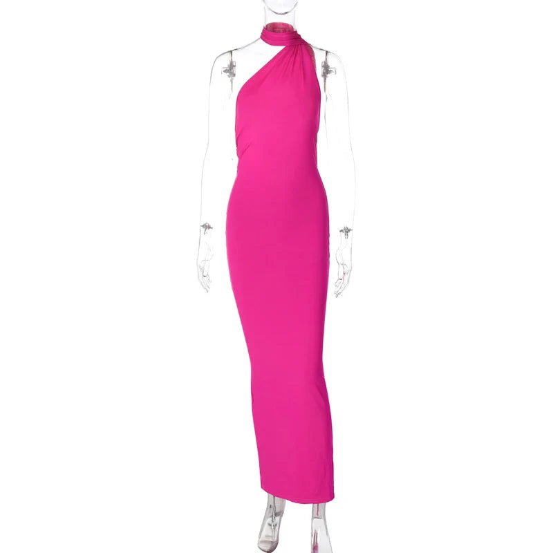 Hugcitar One Shoulder Backless Adjustable Scarf Loop Ruched Sexy Maxi Dress 2025 Women Elegant Y2K Streetwear Festival Outfit