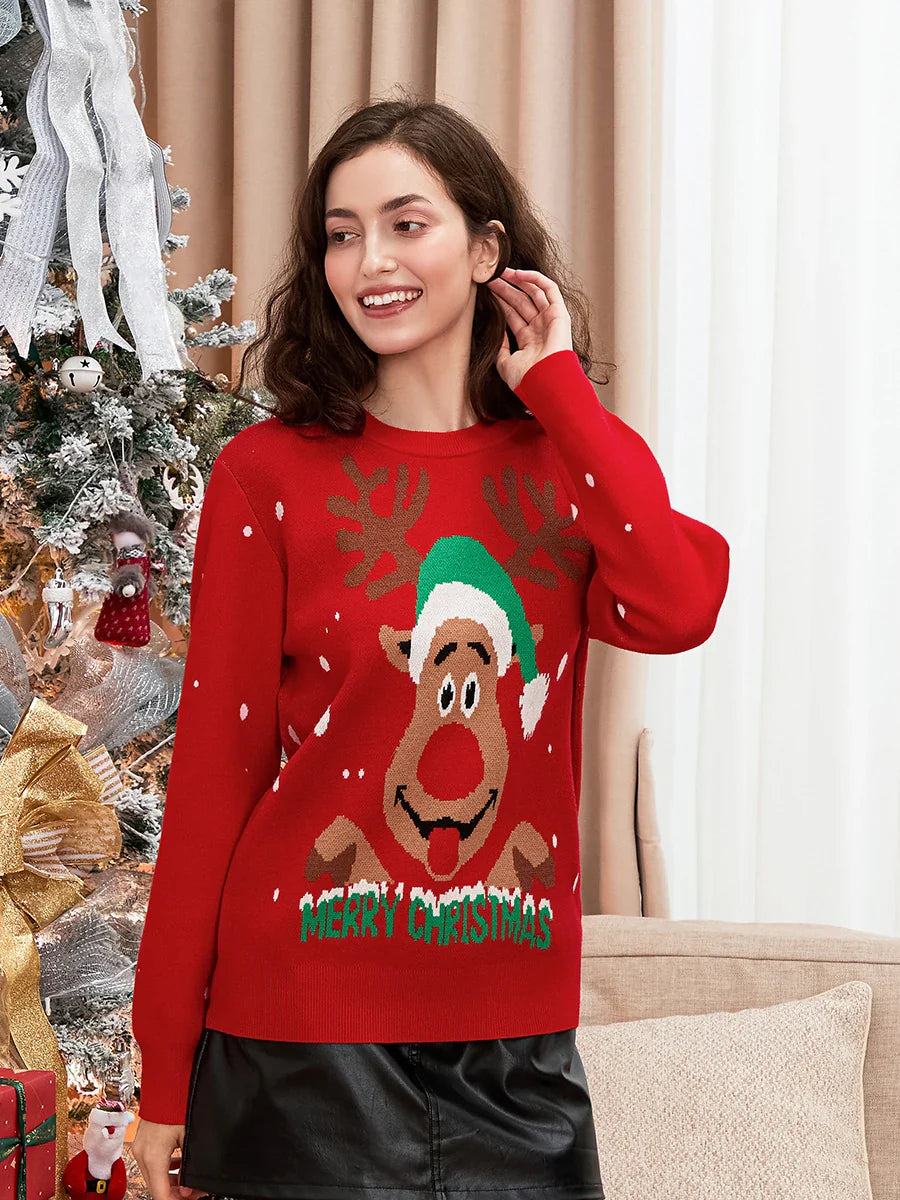 Women s Christmas Sweaters Long Sleeve Round Neck Reindeer Print Loose Pullover Knit Tops